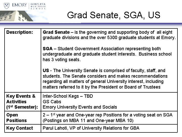 Grad Senate, SGA, US Description: Grad Senate – is the governing and supporting body