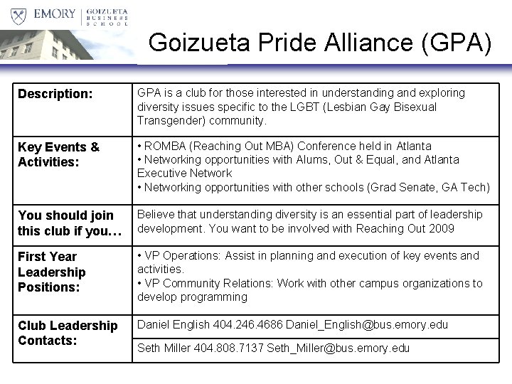 Goizueta Pride Alliance (GPA) Description: GPA is a club for those interested in understanding
