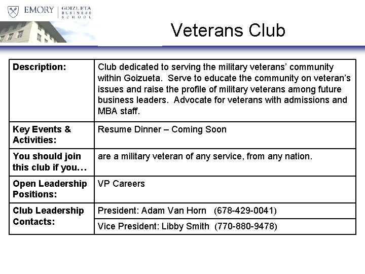 Veterans Club Description: Club dedicated to serving the military veterans’ community within Goizueta. Serve