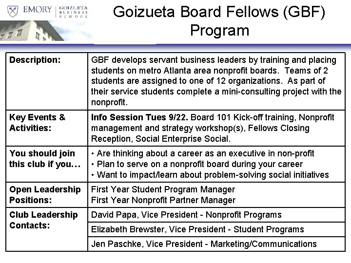 Goizueta Board Fellows (GBF) Program Description: GBF develops servant business leaders by training and