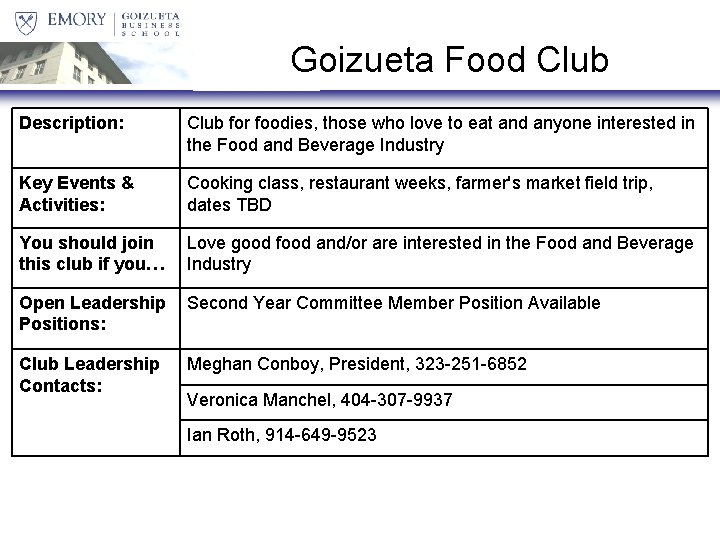 Goizueta Food Club Description: Club for foodies, those who love to eat and anyone