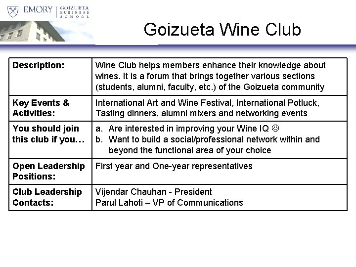 Goizueta Wine Club Description: Wine Club helps members enhance their knowledge about wines. It