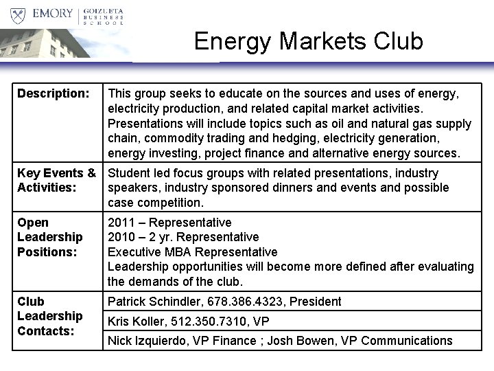 Energy Markets Club Description: This group seeks to educate on the sources and uses