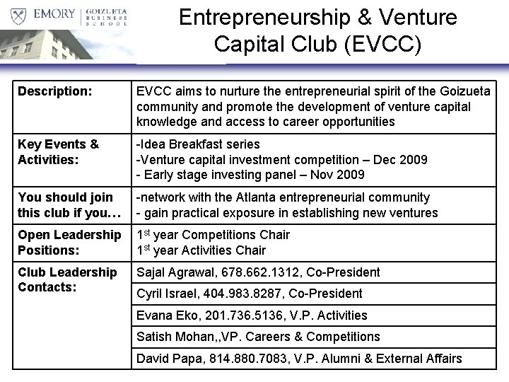 Entrepreneurship & Venture Capital Club (EVCC) Description: EVCC aims to nurture the entrepreneurial spirit