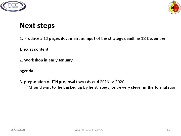 Next steps 1. Produce a 10 pages document as input of the strategy deadline