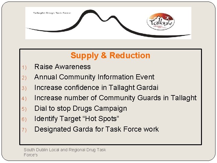 Supply & Reduction 1) 2) 3) 4) 5) 6) 7) Raise Awareness Annual Community