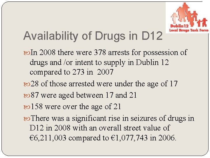 Availability of Drugs in D 12 In 2008 there were 378 arrests for possession