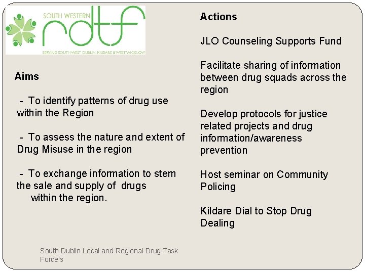 Actions JLO Counseling Supports Fund Aims - To identify patterns of drug use within