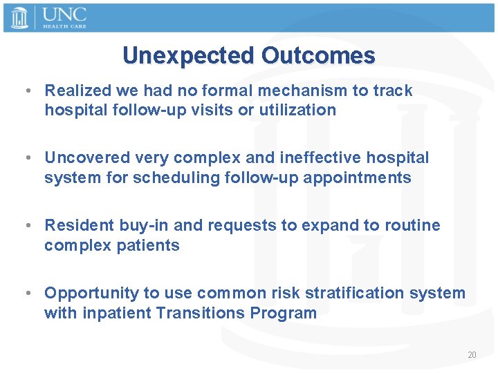 Unexpected Outcomes • Realized we had no formal mechanism to track hospital follow-up visits