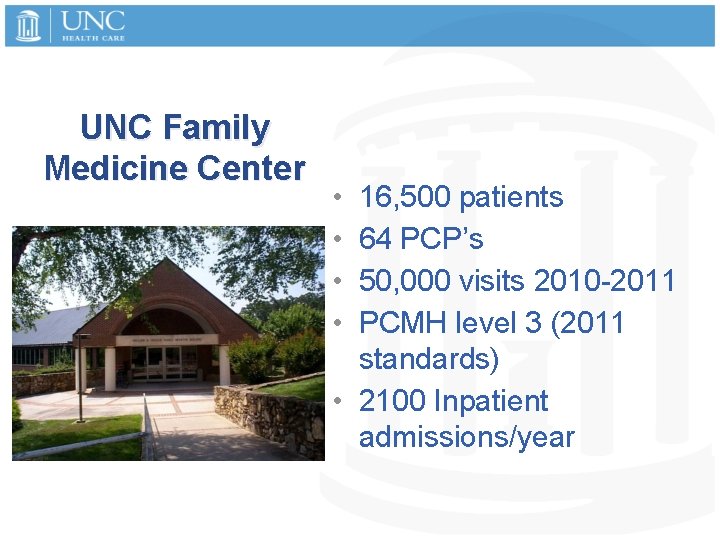 UNC Family Medicine Center • • 16, 500 patients 64 PCP’s 50, 000 visits