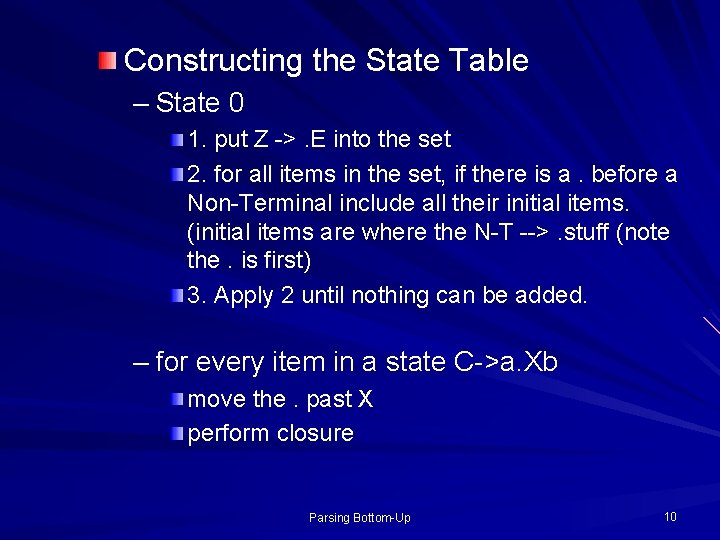 Constructing the State Table – State 0 1. put Z ->. E into the