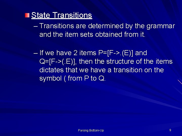 State Transitions – Transitions are determined by the grammar and the item sets obtained