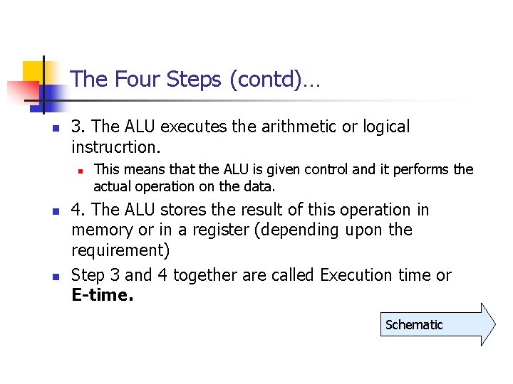 The Four Steps (contd)… n 3. The ALU executes the arithmetic or logical instrucrtion. The Four Steps (contd)… n 3. The ALU executes the arithmetic or logical instrucrtion.
