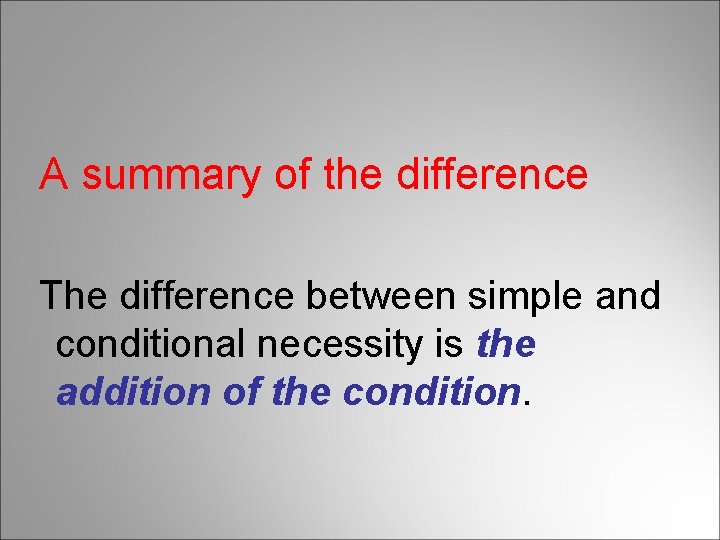 A summary of the difference The difference between simple and conditional necessity is the