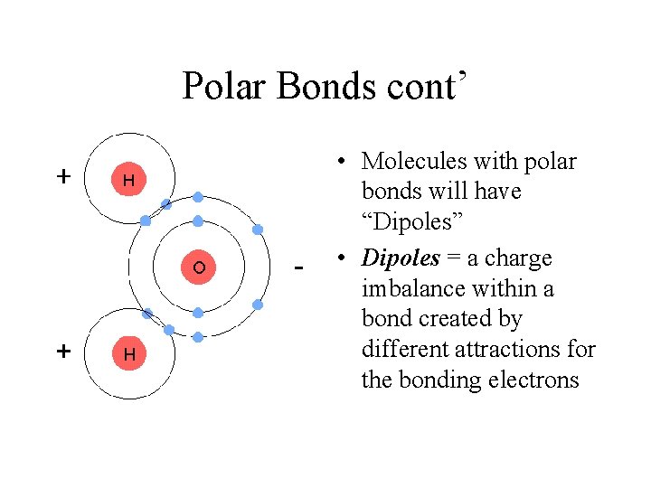 Polar Bonds cont’ • Molecules with polar bonds will have “Dipoles” • Dipoles =