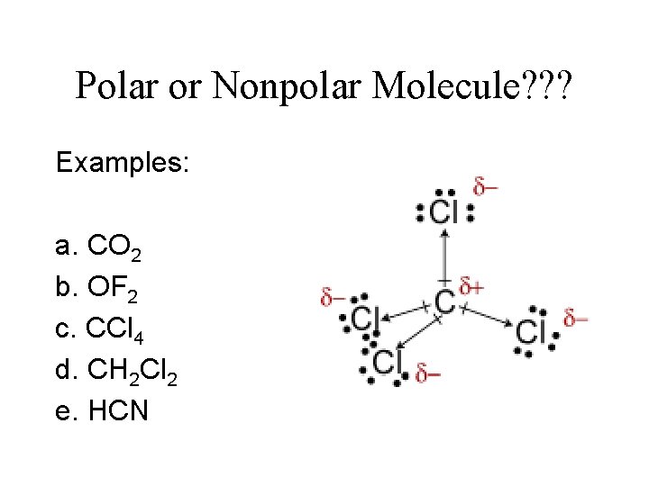 Polar or Nonpolar Molecule? ? ? Examples: a. CO 2 b. OF 2 c.