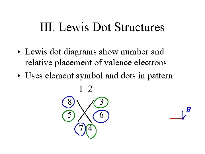 III. Lewis Dot Structures • Lewis dot diagrams show number and relative placement of