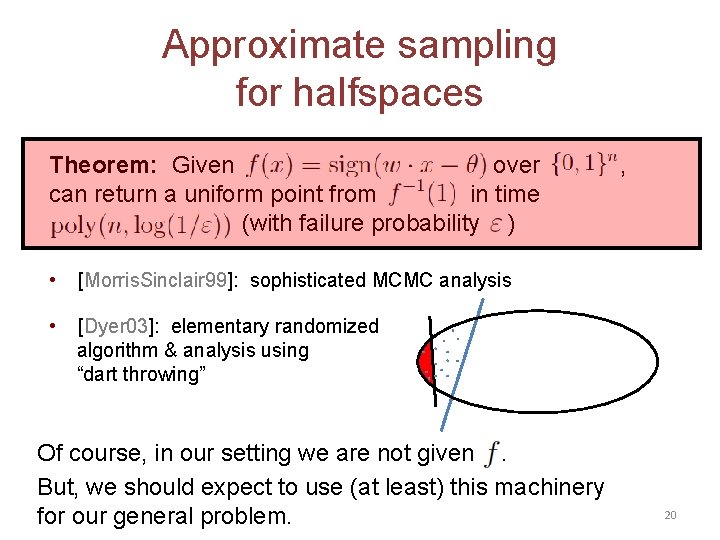 Approximate sampling for halfspaces Theorem: Given over can return a uniform point from in