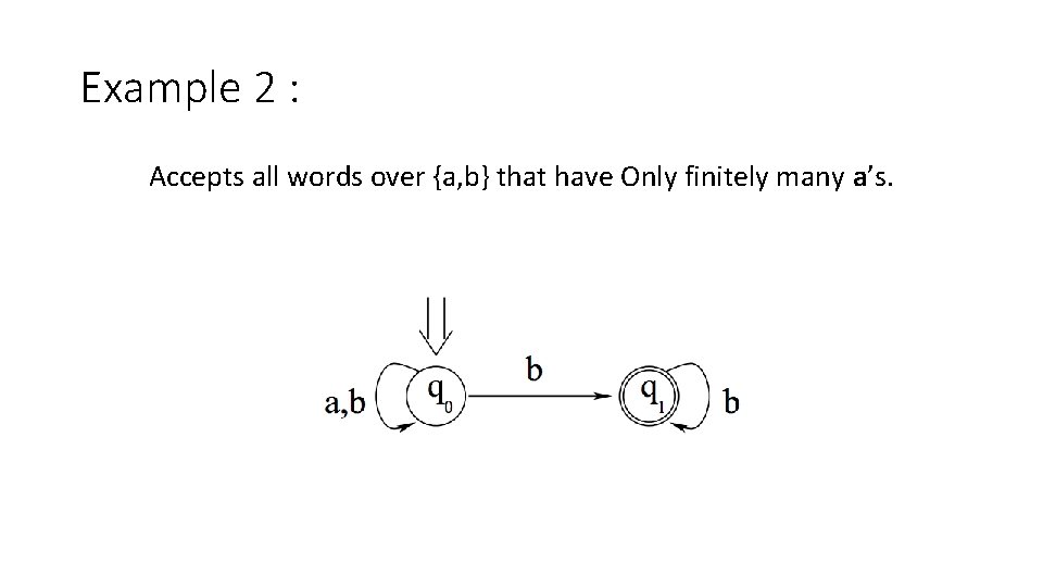 Example 2 : Accepts all words over {a, b} that have Only finitely many