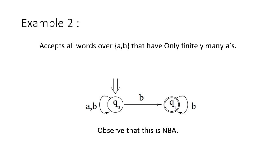 Example 2 : Accepts all words over {a, b} that have Only finitely many