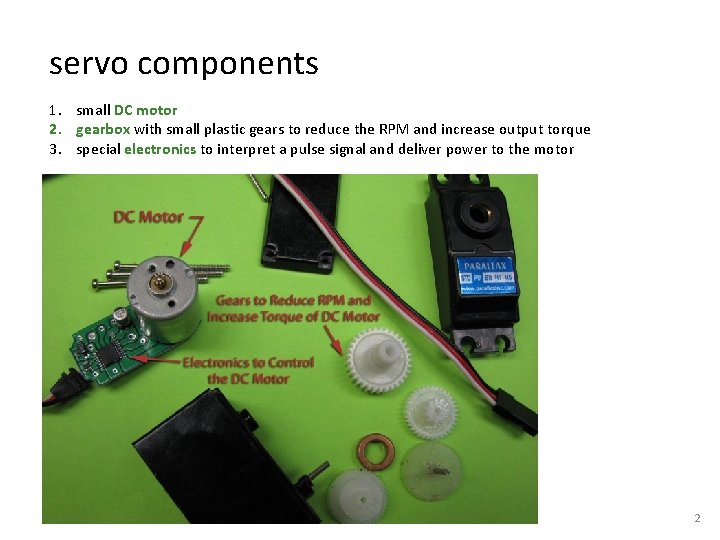 servo components 1. small DC motor 2. gearbox with small plastic gears to reduce