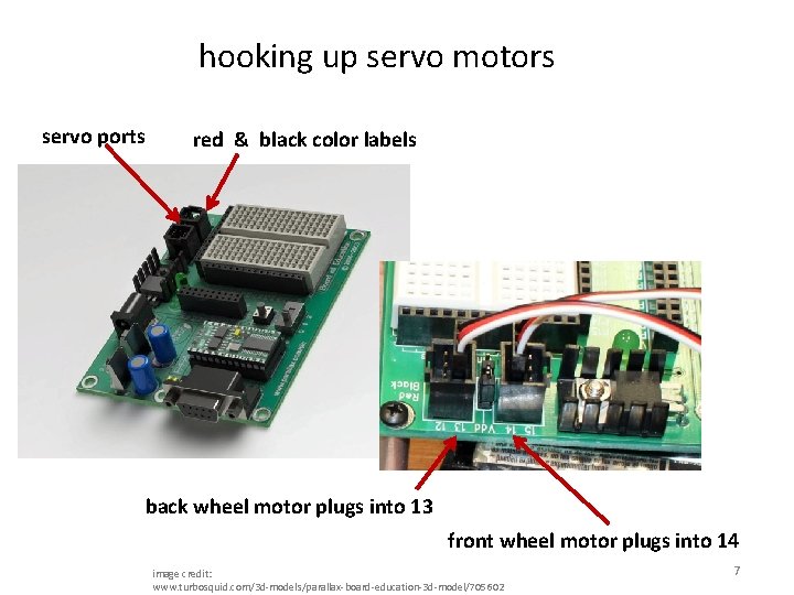 hooking up servo motors servo ports red & black color labels back wheel motor