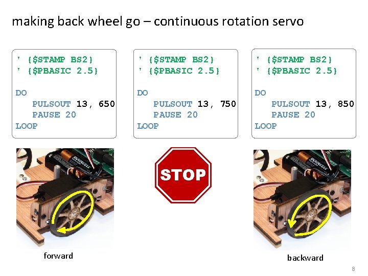 making back wheel go – continuous rotation servo ' {$STAMP BS 2} ' {$PBASIC