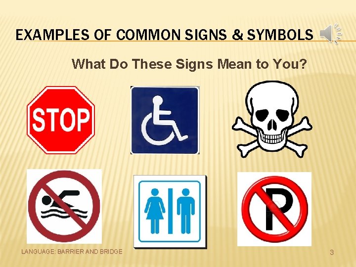 EXAMPLES OF COMMON SIGNS & SYMBOLS What Do These Signs Mean to You? LANGUAGE: