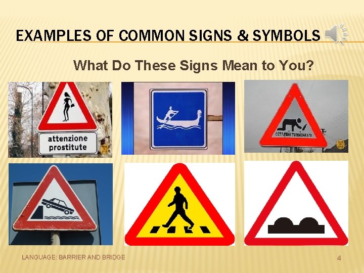 EXAMPLES OF COMMON SIGNS & SYMBOLS What Do These Signs Mean to You? LANGUAGE: