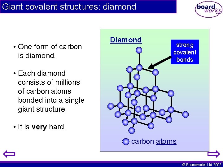 Giant covalent structures: diamond • One form of carbon is diamond. Diamond strong covalent Giant covalent structures: diamond • One form of carbon is diamond. Diamond strong covalent