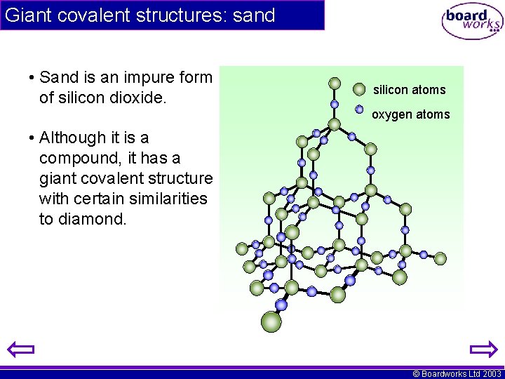 Giant covalent structures: sand • Sand is an impure form of silicon dioxide. silicon Giant covalent structures: sand • Sand is an impure form of silicon dioxide. silicon