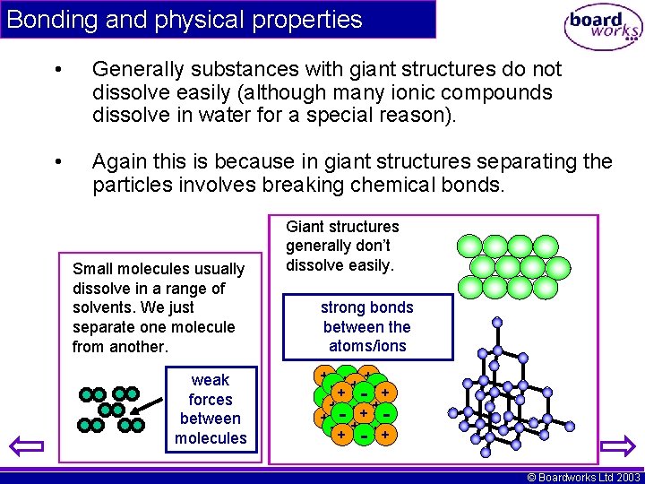 Bonding and physical properties • Generally substances with giant structures do not dissolve easily Bonding and physical properties • Generally substances with giant structures do not dissolve easily