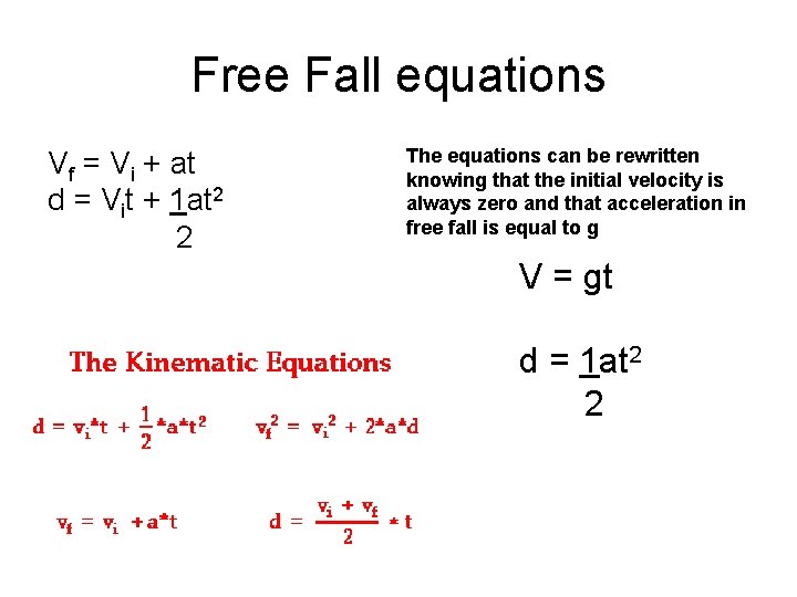 Free Fall equations Vf = Vi + at d = Vit + 1 at