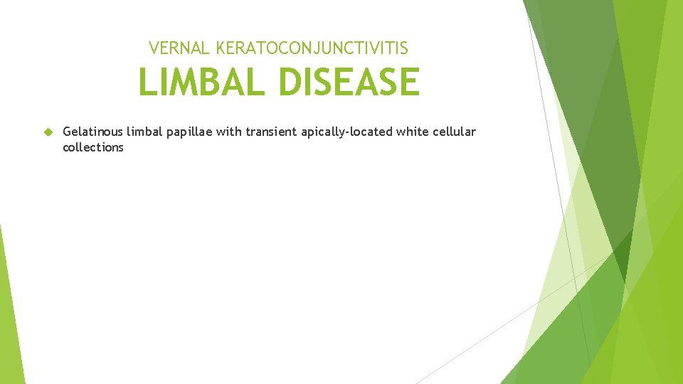 VERNAL KERATOCONJUNCTIVITIS LIMBAL DISEASE Gelatinous limbal papillae with transient apically-located white cellular collections 