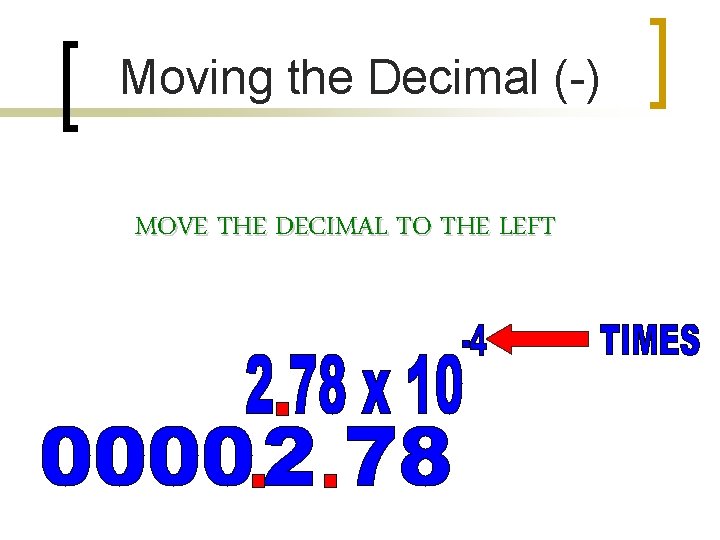 Moving the Decimal (-) MOVE THE DECIMAL TO THE LEFT 