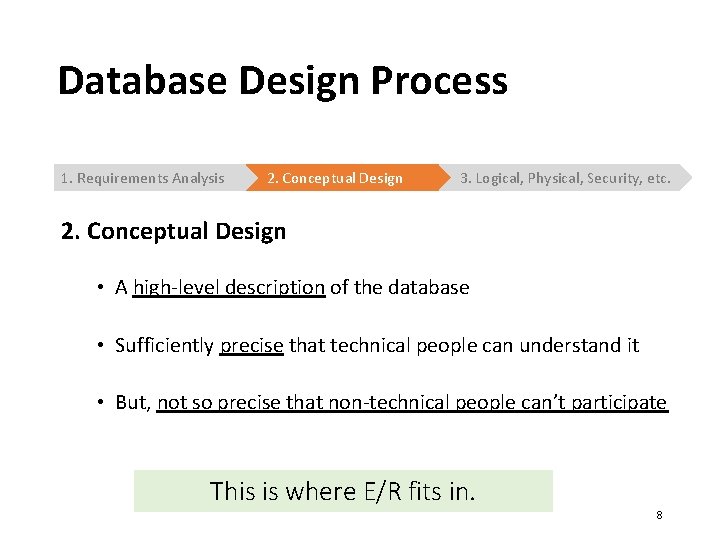 Database Design Process 1. Requirements Analysis 2. Conceptual Design 3. Logical, Physical, Security, etc.