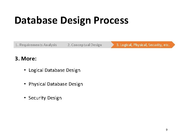 Database Design Process 1. Requirements Analysis 2. Conceptual Design 3. Logical, Physical, Security, etc.