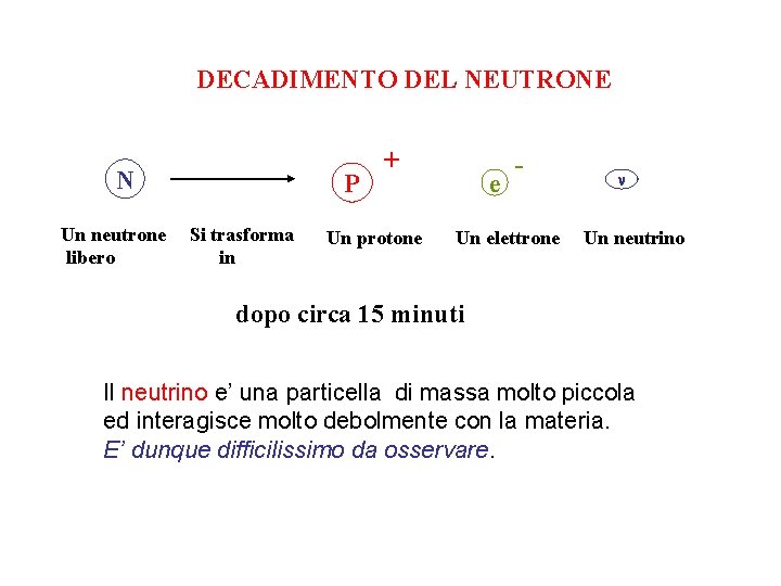 DECADIMENTO DEL NEUTRONE N Un neutrone libero P Si trasforma in + Un protone