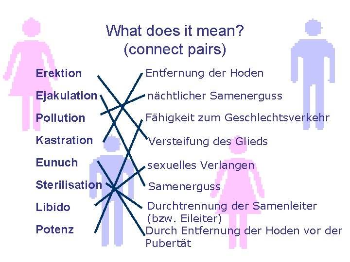 What does it mean? (connect pairs) Erektion Entfernung der Hoden Ejakulation nächtlicher Samenerguss Pollution