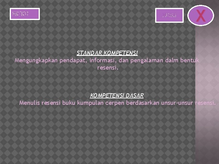 SK/KD HOME X STANDAR KOMPETENSI Mengungkapkan pendapat, informasi, dan pengalaman dalm bentuk resensi. KOMPETENSI