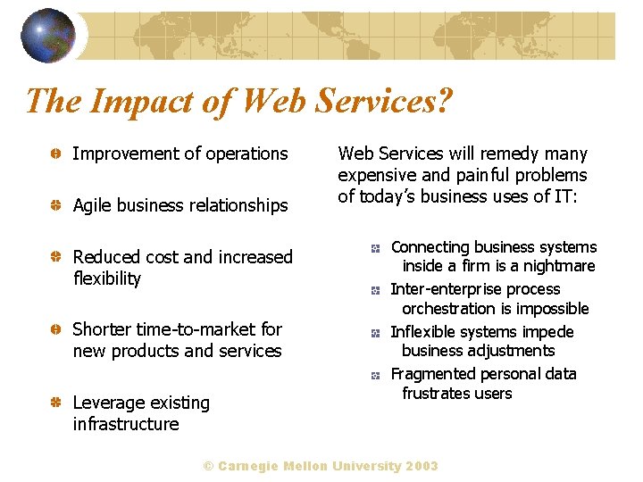 The Impact of Web Services? Improvement of operations Agile business relationships Reduced cost and