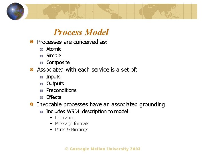 Process Model Processes are conceived as: Atomic Simple Composite Associated with each service is