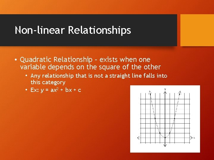 Non-linear Relationships • Quadratic Relationship – exists when one variable depends on the square