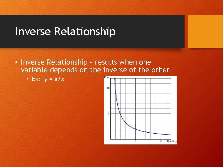 Inverse Relationship • Inverse Relationship – results when one variable depends on the inverse