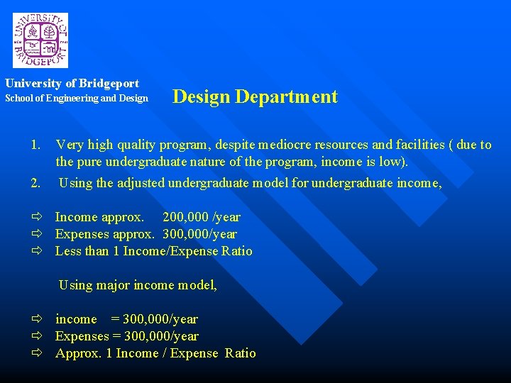 University of Bridgeport School of Engineering and Design 1. 2. Design Department Very high