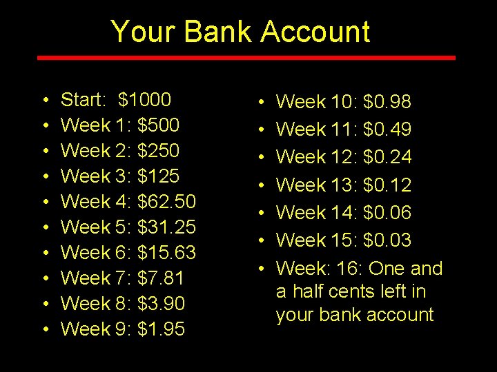 Your Bank Account • • • Start: $1000 Week 1: $500 Week 2: $250