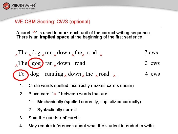 WE-CBM Scoring: CWS (optional) A caret “^” is used to mark each unit of