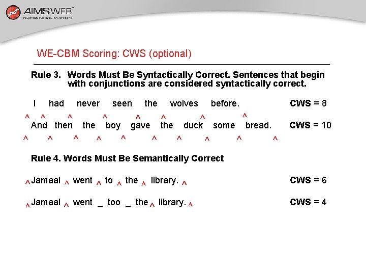 WE-CBM Scoring: CWS (optional) Rule 3. Words Must Be Syntactically Correct. Sentences that begin