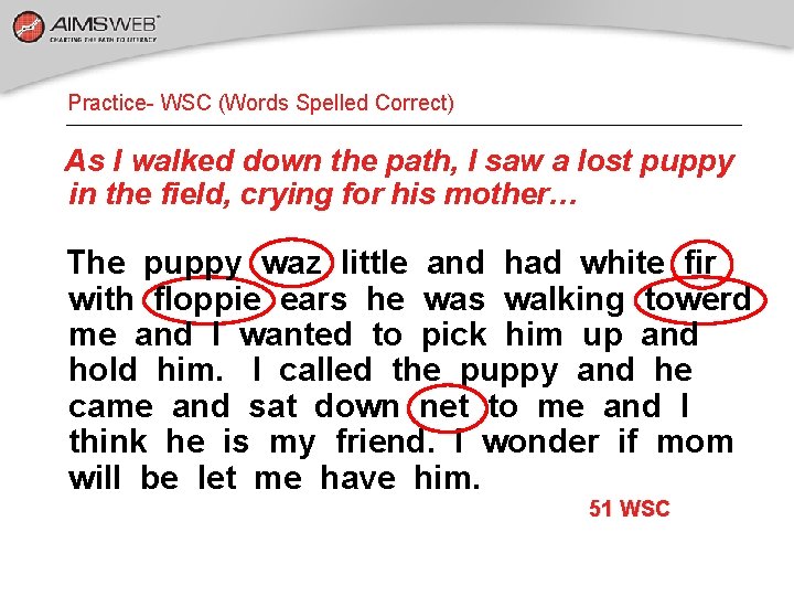 Practice- WSC (Words Spelled Correct) As I walked down the path, I saw a