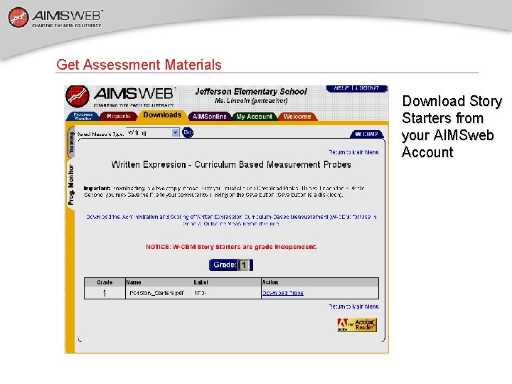 Get Assessment Materials Download Story Starters from your AIMSweb Account 